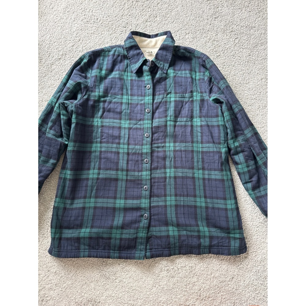 LL Bean Women M Fleece Lined Flannel Shirt Jacket Plaid Green Navy Black Watch